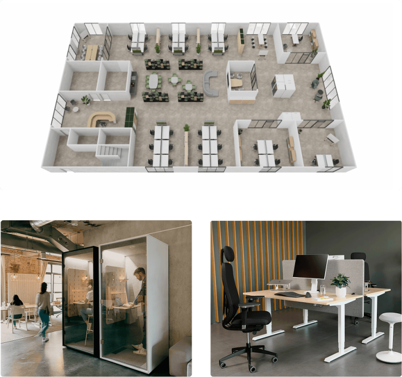 3D-Visualisierung einer Büroplanung mit ergonomischen Stehschreibtischen und modernen Akustikkabinen